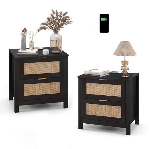 AILEEKISS Night Stand Set of 2 Rattan Nightstands with Wireless Charging Station, Wood Accent Bed Side End Tables with 2 Rattan Drawers, Modern Bedside Stand for Bedroom, Living Room (Black)