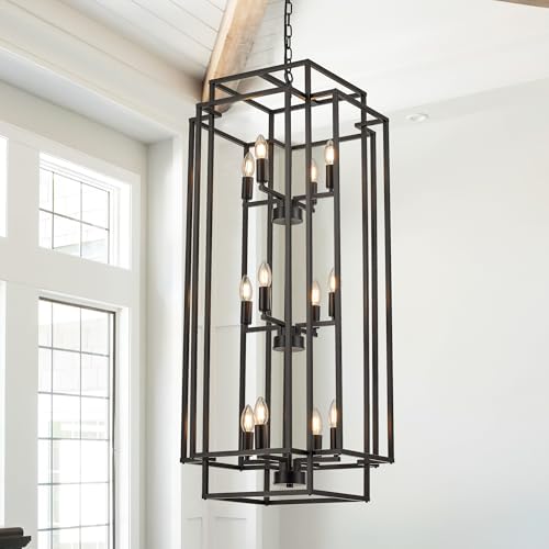 Salaiwei 12-Light Lantern Tiered Pendant Light Fixtures, Black Metal Farmhouse Chandelier Hall Foyer Hanging Chandelier for Kitchen Island Dining Room Living Room Foyer Entryway, Black