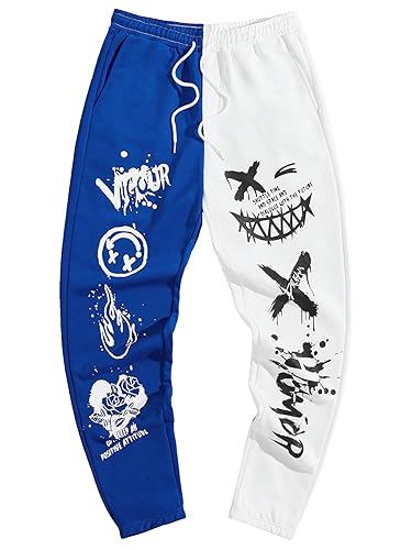WDIRARA Men's Two Tone Cartoon Graphic Print Drawstring Waist Sweatpants Joggers with Pocket Blue and White L