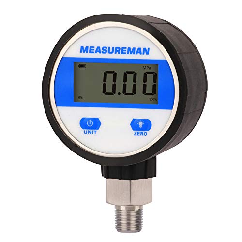 MEASUREMAN 2-1/2" dial, Digital Industrial Vacuum Gauge with 1/4" NPT Lower Mount, Stainless Steel case and Connection, 15psi, 1%,Battery Powered, with LED Light