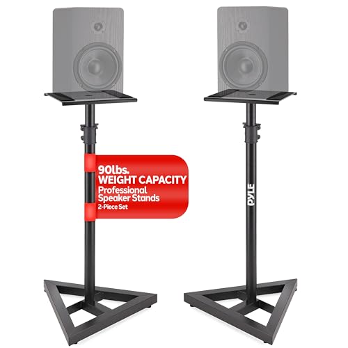 Pyle Speaker Stand Pair of Sound Play 1 and 3 Holder - Telescoping Height Adjustable from 26” - 52” Inch High Heavy Duty Three-point Triangle Base w/ Floor Spikes and 9” Square Platform, Black