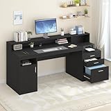 YOMILUVE Computer Desk with 3 Drawer & Storage Shelves, Home Office Desk with File Drawer & Cabinet, Writing Study Table with Long Monitor Stand & Printer Shelf, Executive Desk, Black