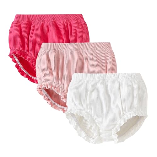 SOBOWO 3-Pack Bloomers for Baby Girls Diaper Covers Ribbed Ruffle Solid Triangle Baby Girl Shorts Summer Toddler Underwear(Rose/Pink/White, 12-18 Months)