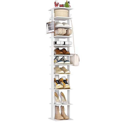 HOMEFORT 10-Tier Vertical Shoe Rack, Corner Shoe Tower, Slim Shoe Organizer with Two Hanging Hooks, Wooden Shoe Storage Stand for Entryway, Hallway, Closet, White