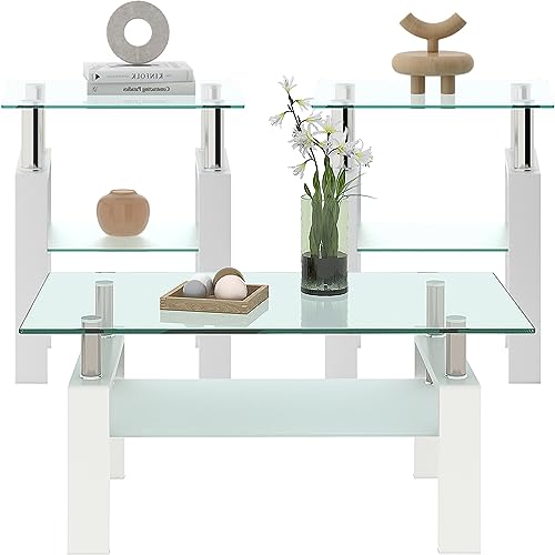 ODUSE-DAILY Glass Coffee Table Set of 3 Piece, Living Room Table Set of 3, White Coffee Table and End Coffee Table Sets, Metal Frame (White, Set of 3)