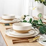 AmorArc Ceramic Dinnerware Sets for 4, 12 Pieces Handpainted Plates and Bowls Set with Rustic Terracotta Underside, Scratch Resistant Stoneware Dishes Set, Dishwasher & Microwave Safe, Light Beige