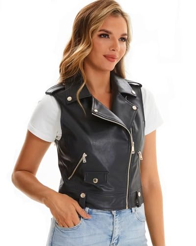 Faux Leather Vest For Women Zipper Cropped Sleeveless Biker Moto Slim PU Motorcycle Waistcoat 067 Black S