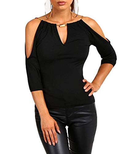 USGreatgorgeous Women’s Open Cold Shoulder Slim Fit Short Sleeve Tee Shirt Casual Blouse Tops (Black, Medium)