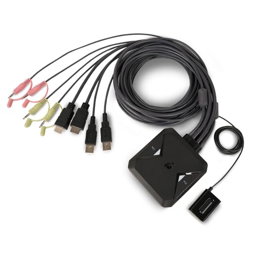 IOGEAR 2-Port 4K USB HDMI Cable KVM Switch with Remote - 4096x2160 @60Hz 2560x1440 @144Hz - USB Hub Peripheral Sharing – 2 Computers Share 1 Keyboard Mouse and Monitor - Attached Cables – GCS92HU