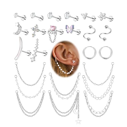 ZELORES Stainless Steel Stud Earrings For Women Men 20G Cartilage Earrings Set Flat Back Earrings CZ Stud Earrings Small Hoop Earring Chain Dangle Cartilage Helix Tragus Piercing Jewelry