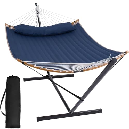 SUNCREAT Portable Outdoor Hammock with Stand, Heavy Duty Hammock with Carrying Bag, Soft Pillow, Balance Ropes, Dark Blue