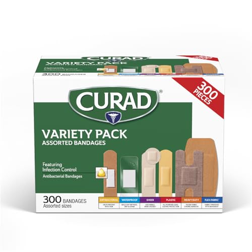 CURAD Assorted Bandages Variety Pack, 300 Count, 6 Styles Including Antibacterial, Waterproof, Sheer, Plastic, Heavy Duty & Flex-Fabric, Protects Scrapes, Cuts & Burns, Latex-Free