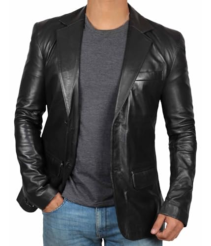 fjackets Lambskin Leather Jacket Men Casual Coat – Notched Collar Classic Style Ultimate Leather Black Blazer Men | [1500563], M
