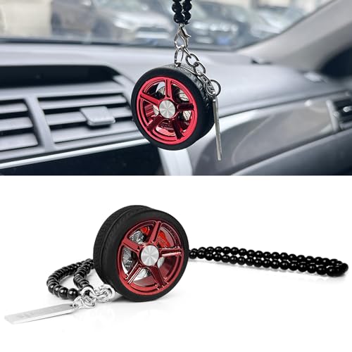 TSTESE Car Wheel Hub Shape Ornament Rearview Mirror Hanging Rear View Swinging Decorations Pendant Unique Decor Automotive Decoration Interior Ornaments Zinc Alloy Charms Accessories (Red)