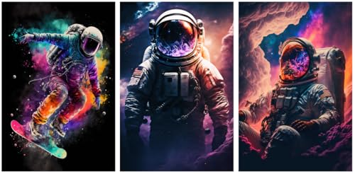 3Pcs Astronaut Wall Art Creative Astronaut Space Canvas Theme Paintings, Modern Art Style Posters with Colorful Explosion Effects astronaut Series Home Images Living Room, Dining Room Bedroom, Dormitory Office Wall Decoration16x24 InchesX3