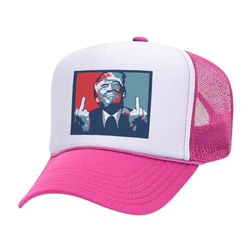 TeesAndTankYou Trump Middle Fingers Foam Trucker Cap Adjustable Mesh Back Hat White/Hot Pink