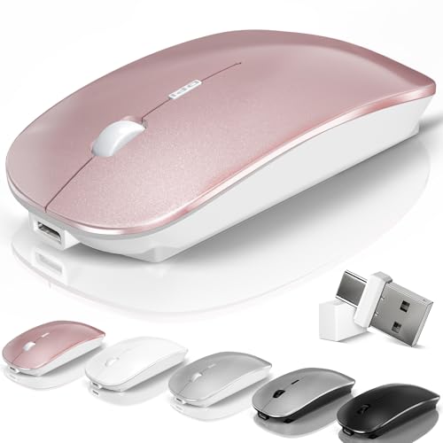 Mouse for Laptop Wireless Bluetooth - MacBook Air Mac Pro PC iPad Optical Rechargeable Silent Mouse with Jiggler Dual Mode Switch Bluetooth 5.2/3.0 and 2.4GHz USB-A and Type-C Receiver Rose Gold