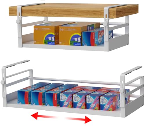 AmonHouseware 2Pack Under Shelf Basket Organizer, Adjustable Under Cabinet Shelf Storage, Hanging Holder Length Stretchable 13-21Inch for Kitchen Pantry Desk Counter Bookshelf Cupboard (White)