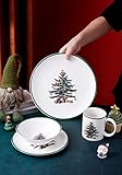 16 Piece Christmas Dishes Dinnerware Sets, Christmas Tree Dinnerware Set with Green Edge, Christmas Porcelain Dinnerware Set for Christmas (4×10.5 Inch Plates, 4×8 Inch Plates, 4×Bowls, 4×Mugs)