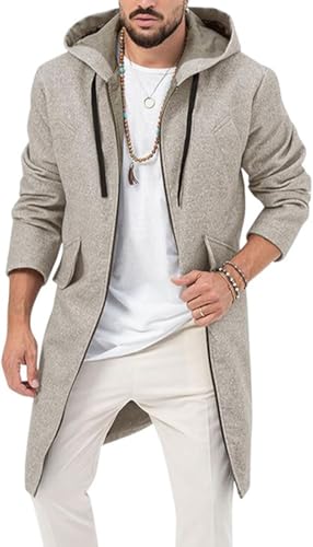 ZA Fashion Cloud Men's Trench Coat Wool Blend Jacket Full Zip Winter Classic Business Soft Warm Hoodie Long Grey Overcoat (US, Alpha, 3X-Large, Regular, Regular, Grey)