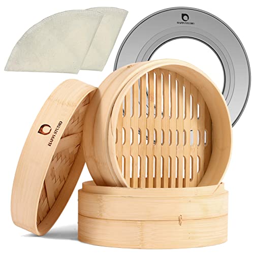 Bamboo Steamer Basket - 10 Inch 2-Tier Dumpling Bamboo Steamer for Cooking Dim Sum, Momo, Rice - Bao Bun - Natural Chinese Steam Baskets with Stainless Steel Ring Set