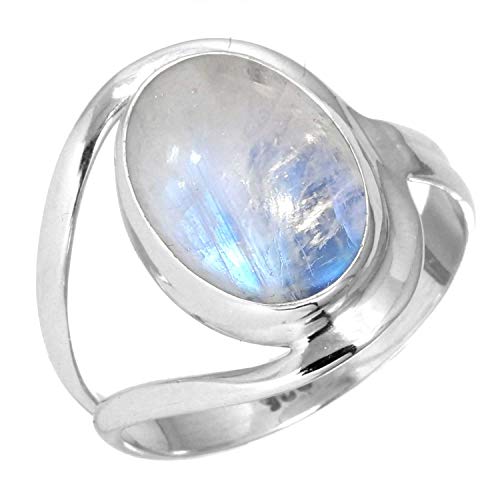 JEWELOPORIUM 925 Silver Ring for Women Size 7 White Natural Rainbow Moonstone Stone Costume Silver Ring Wedding Gift Vintage Jewelry