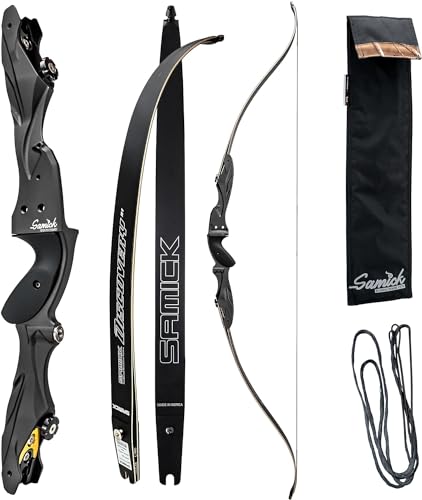 SAMICK 64" Discovery Archery Recurve Bow - ILF CNC Riser with Wood Core Carbon Limbs - 25-55lb Draw Weight - Right Handed Only - Takedown Hunting, Traditional, & Longbow Bows for Teen & Adult Archers