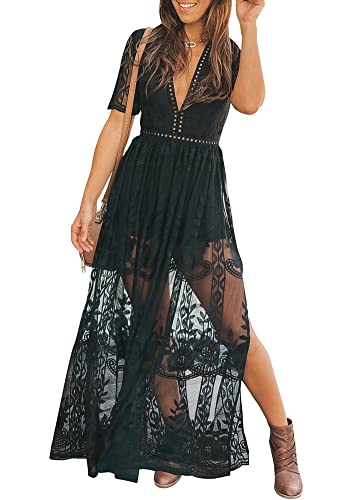 Eleter Women's Black Formal Romper Dress Sexy V Neck Lace Wedding Guest Bridesmaids Maxi Dress Long Evening Dress(L,Black)