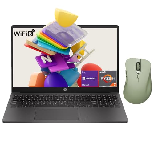 HP 255 G10 Professional Business Laptop, AMD Ryzen 7 7730U, 15.6" FHD IPS Display, 32GB RAM, 1TB SSD, HDMI, Wi-Fi 6, Webcam, Windows 11 Pro, Black, with Thunderobot ML101 Green Wireless Mouse