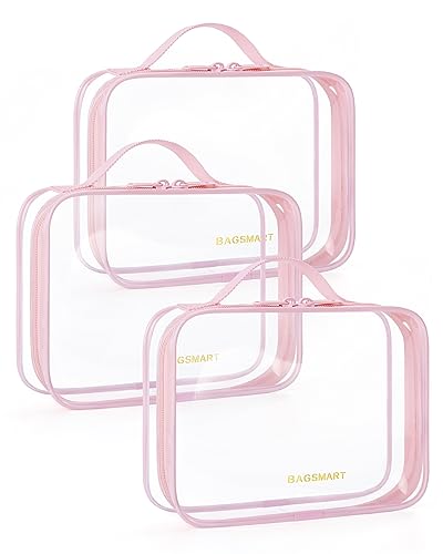 BAGSMART TSA Approved Clear Toiletry Bag, 3 Packs Quart Size Water Resistant Makeup Cosmetic Bags for Women, Airport Airline Travel Essential Carry On Organizer with Handle Large Opening, Pink