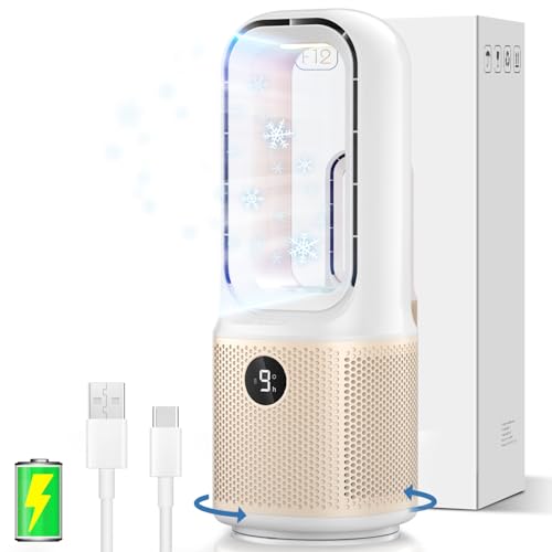 Desk Fan - Small Quiet Bladeless Table Fan, 14 Inch USB Rechargeable with 5000mAh Battery, 60° Oscillating, 9 Speed Adjustable, 3 Light Modes, Touch Control Mini Fan for Office Bedroom Living Room