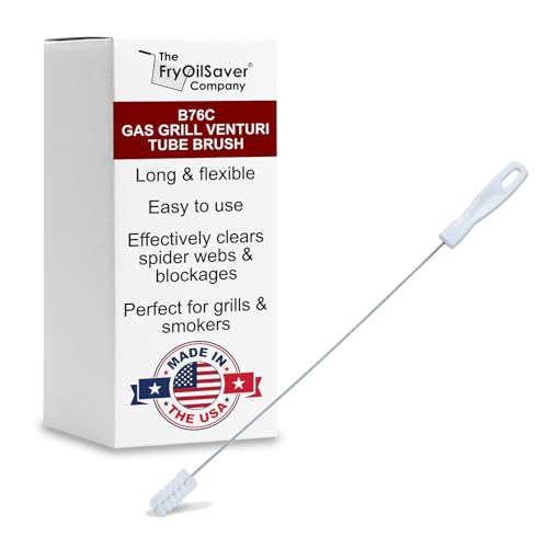 Gas Grill Venturi Tube Brush, Cleans Spider Webs, Grease, Debris, Food Build Up, Prevents Flare Ups, Long & Flexible Blockage Unclogger Cleaning Brush for Gas Grill Burner Pipe by FryOilSaver Co. B76C