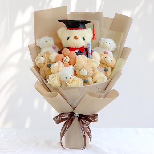 Cute Bear Bouquet - Plush Toy Bouquet with Cute Soap Flower - Handmade Toy Bouquet for Any Occasions, Birthday, Bridal Shower, Graduation etc. (Graduation)