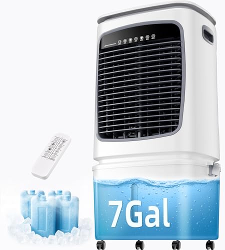 AKIRES 2020CFM Swamp Cooler, Evaporative Air Cooler for 650Sq.ft of Space, Air Cooler with 7.0-Gal Water Tank,90°Oscillation, 4 Ice Packs,12H Timer, Cooling Fans for Indoor, Outdoor Use(35IN)
