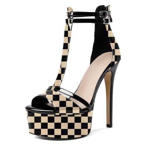 Esvowido Platform Heels for Women Open Toe T-Strappy Heeled Sandals Stiletto High Heels 5.5 Inch Double Ankle Strap Strappy Pump Shoes with Back Zipper Checkered Beige US Size 7