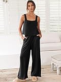 ANRABESS Women's 2 Piece Outfits Linen Pants Jumpsuit Matching Lounge Set Casual Summer Beach Vacation Trendy Clothes Black Small