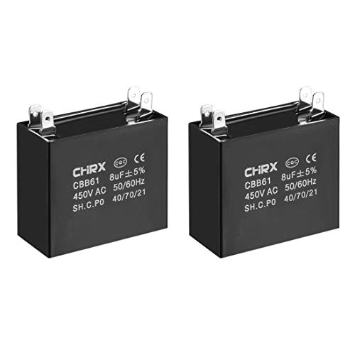 uxcell Ceiling Fan Capacitor CBB61 8uF 450V AC Double Insert Metalized Polypropylene Film Capacitors 47x23x41mm for Water Pump Motor Generator, Pack of 2