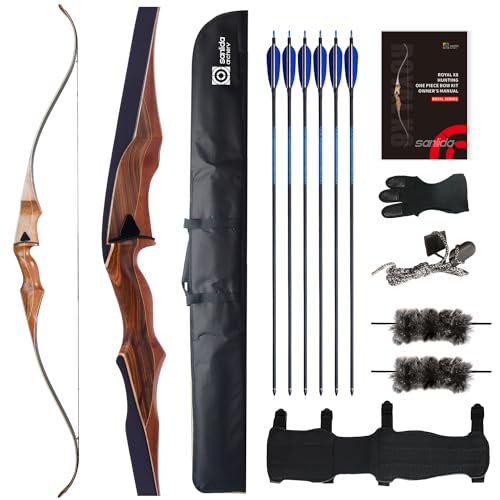 Sanlida Archery 60" Royal X8 One-Piece Bow Traditional Wooden Hunting Bow Handmade Hunting Bow and Arrows Kit for Adults & Traditional Archers, RH Only (45lbs, Dark Wood)