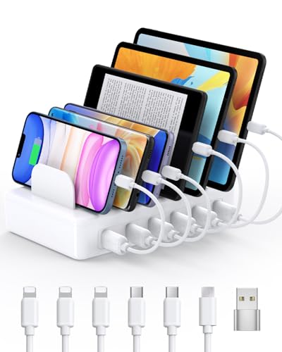 Charging Station for Multiple Devices Apple, CREATIVE DESIGN 50W Multi Charger Station with 6 USB Ports & 6 Cables, Charging Dock for Apple Android Phone iPad Kindle Tablet and Other Electronic