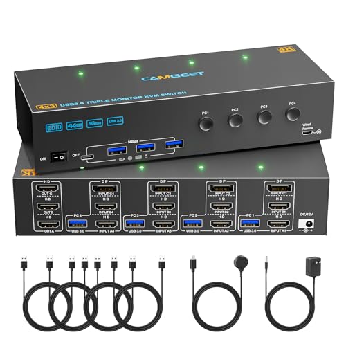 KVM Switch 3 Monitors 4 Computers 4K@60Hz,EDID Simulation,USB 3.0 HDMI Displayport KVM Switch Triple Monitor for 4 PC Share 3 Monitors and Keyboard Mouse Printer,with Wired Remote and 4 USB Cables