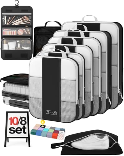 10 Set Compression Packing Cubes for Travel Essentials,Compressible Expandable Packing Cubes for Suitcase,OlarHike Luggage Organizer Bags for Travel,Handy Helper for Organizing Clothes(Black)