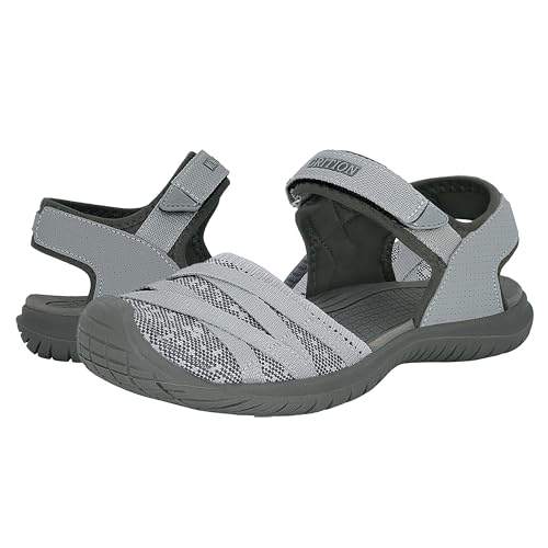 GRITION Hiking Sandals Women Comfortable, Closed Toe Lightweight Outdoor Athtletic Sports Sandals Adjustable Breathable Waterproof for Beach Summer 9US/39EU Grey Women Sandals