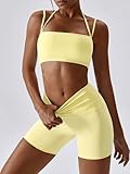 ABOCIW Workout Sets for Women Halter Bandeau Sport Bra High Waist Booty Shorts 2 Piece Gym Set Fitness Yoga Outfits Z-Yellow Medium