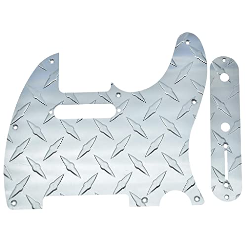 KAISH Diamond Plate 8-Hole Tele Pickguard with Metal Diamond Plate Control Plate and Screws for Modern Style American/Mexican FD Telecaster Silver