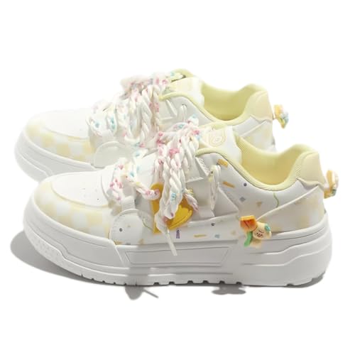 Cute Y2K Platform Sneakers Women, Kawaii Trendy Cartoon Decor, Casual Sport Fashion Streetwear Girls Candy Colors Thick Sole (Yellow,8)