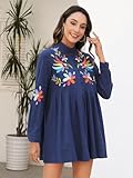 Vackutliv Mexican Blouse for Women Long Sleeve Embroidered Floral Traditional Art Button Down Top Cinco de Mayo Hispanic Heritage Month Fiesta Outfit Navy Vestidos Mexicanos para Mujer Ropa