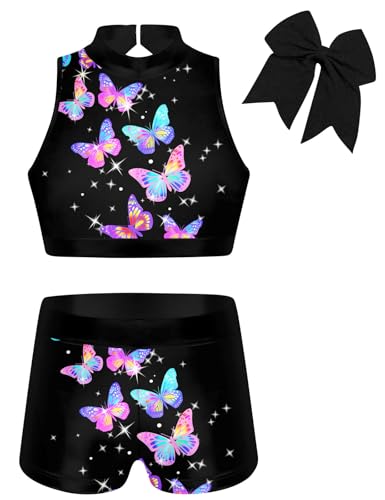 Vogseek Girls' Gymnastics Leotard Size 7 8 Kid Girls 3PC Black Butterflies Gym Biketards with Matching Scrunchie for 7t 8t Children Tumbling Outfit Sets Size 7 Girl Gym Sporty Sets