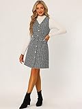 Allegra K Women's Pinafore Dress V Neck Button Down Pockets Vintage Sleeveless Plaid Tweed Dress Small Black