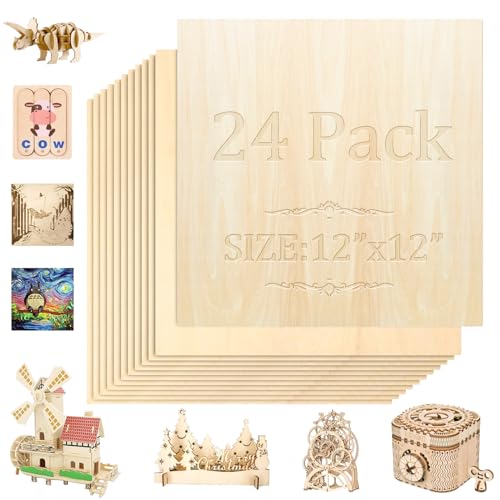 24 Pack 12"x12"x1/8" Basswood Sheets 3mm Basswood Plywood,Craft Wood balsa Wood,for DIY Ornaments and Model Engraving, Wood Burning, Architectural Models, Drawing、Wood for Laser Cutting