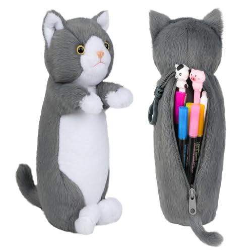 Plush Pencil Case for Boys and Girls, BB FUNHOUSE 3D Plush Animal Pencil Pouch for Kids Medium Storage Pen Bag for School Supplies,Cat
